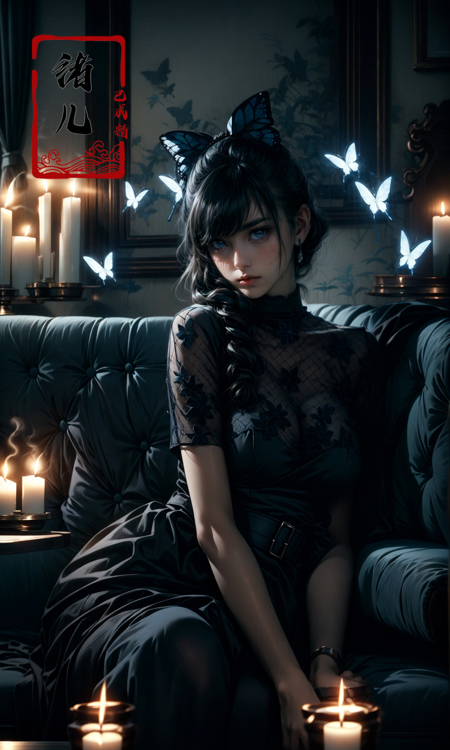 606247209521969387-2972521855-with a girl on a sofa surrounded by candles,_matte photo, dark gray and blue, dream-like atmosphere，butterfly，_Victoria black ma.jpg